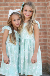 Girls Claire Sage Daisy Spring Easter Flutter Sleeve Dress