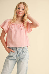 TWEEN KIDS GIRLS PEASANT SHORT SLEEVE LOOSE FIT TOP (7-14)