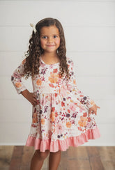 Kids Pink & Coral Vintage Pumpkin Floral Ruffle Fall Dress