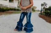 Dark Blue Denim Double Ruffle Bell Jeans