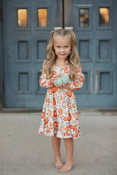 Pumpkin Floral Print Long Sleeve Twirl Dress