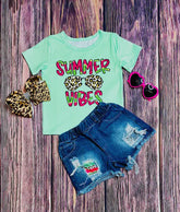 Mint Summer Vibes Girls Denim Short Set-Girl 2PC