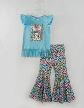 Easter Blue Leopard Rabbit Ruffle Girl Bell Bottom 2PC