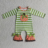 Baby Girls Pumpkin Green Stripe Embroidered Romper