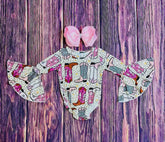 Multicolor Cowgirl Boots Print Flare Sleeves-Girl Romper