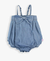 Baby Girls Light Wash Bow Front Bubble Woven Romper