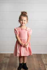 Girls Blush Pink Shirred Puff Sleeve Spring Easter Dress