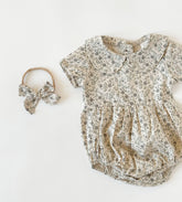 Baby Girl Cotton Romper Neutral Spring Allie FLORAL w/Bow