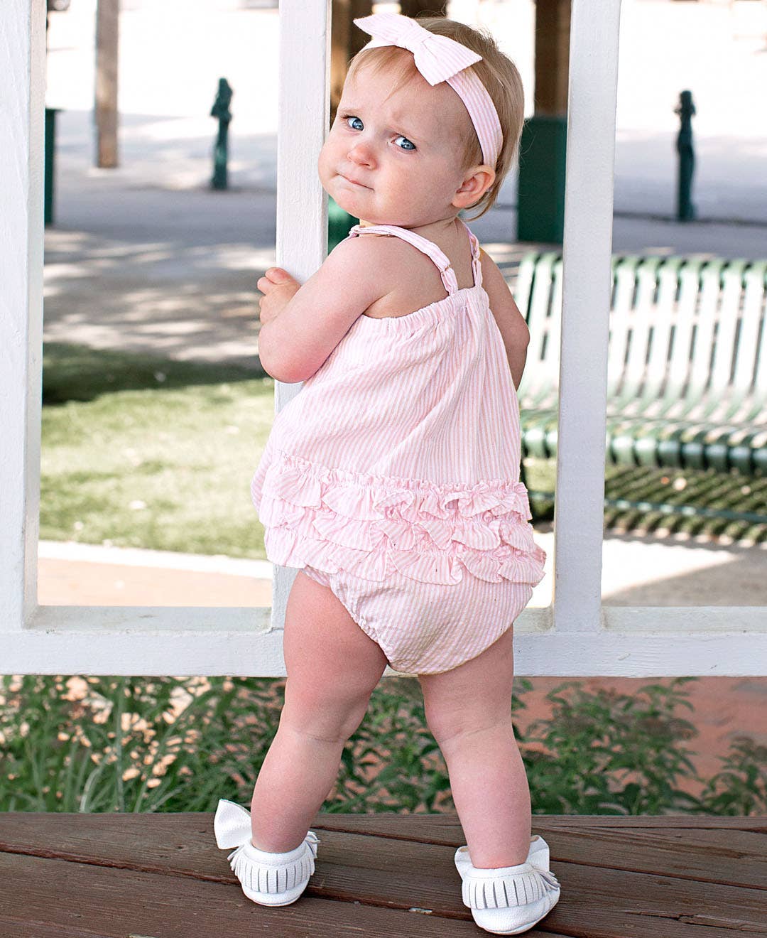 Baby Girls Pink Seersucker Bow Front Bubble Woven Romper