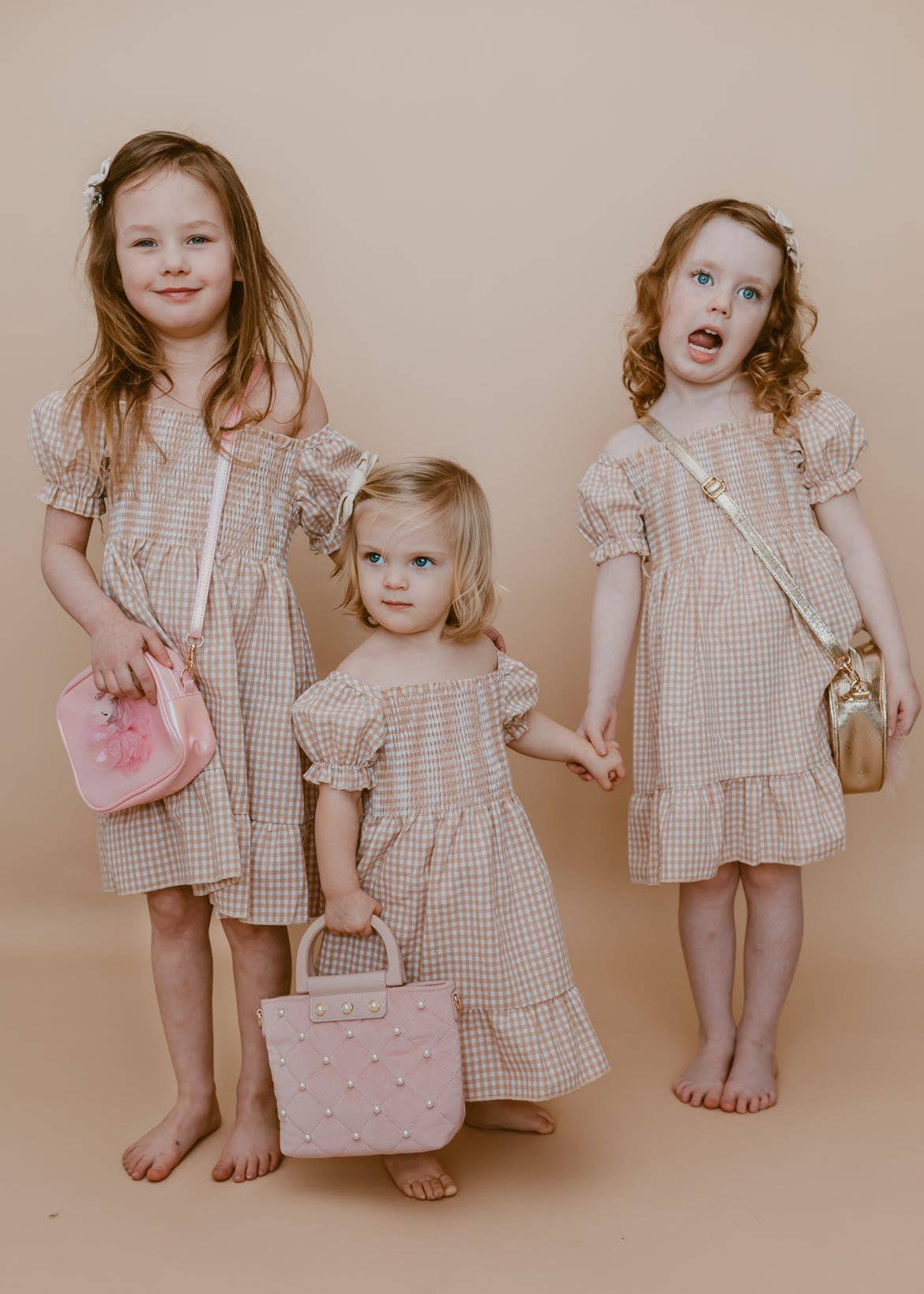 Smocked Tan Gingham Dress