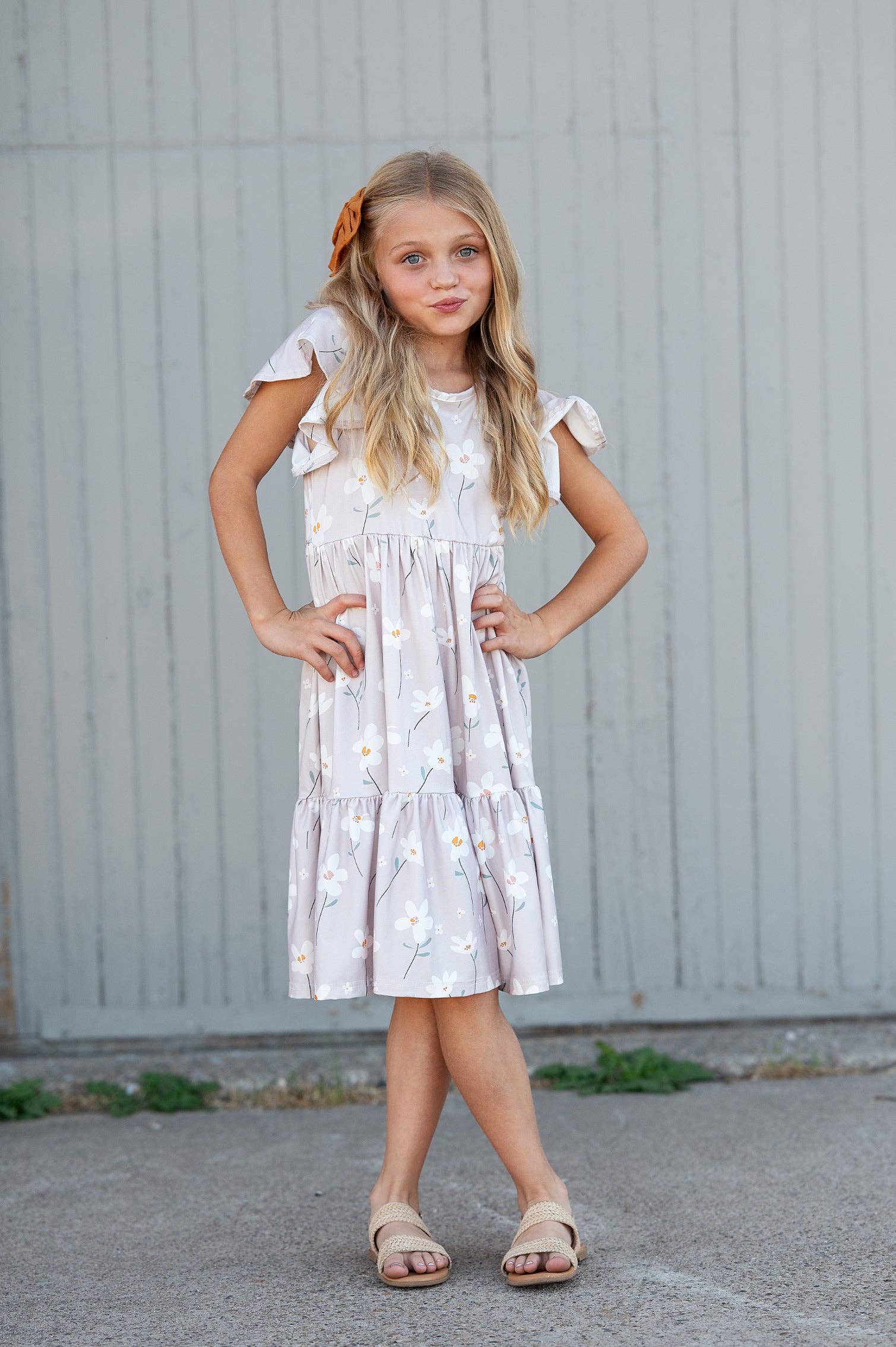 Girls Emma Taupe Spring Floral Flutter Sleeve Twirl Dress