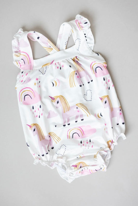 Head in the Clouds Unicorn  Ruffle Cross Back-Girl Romper