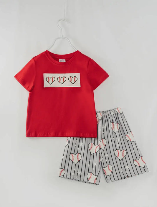 Red Navy Stripe Baseball Heart Boy Short Set