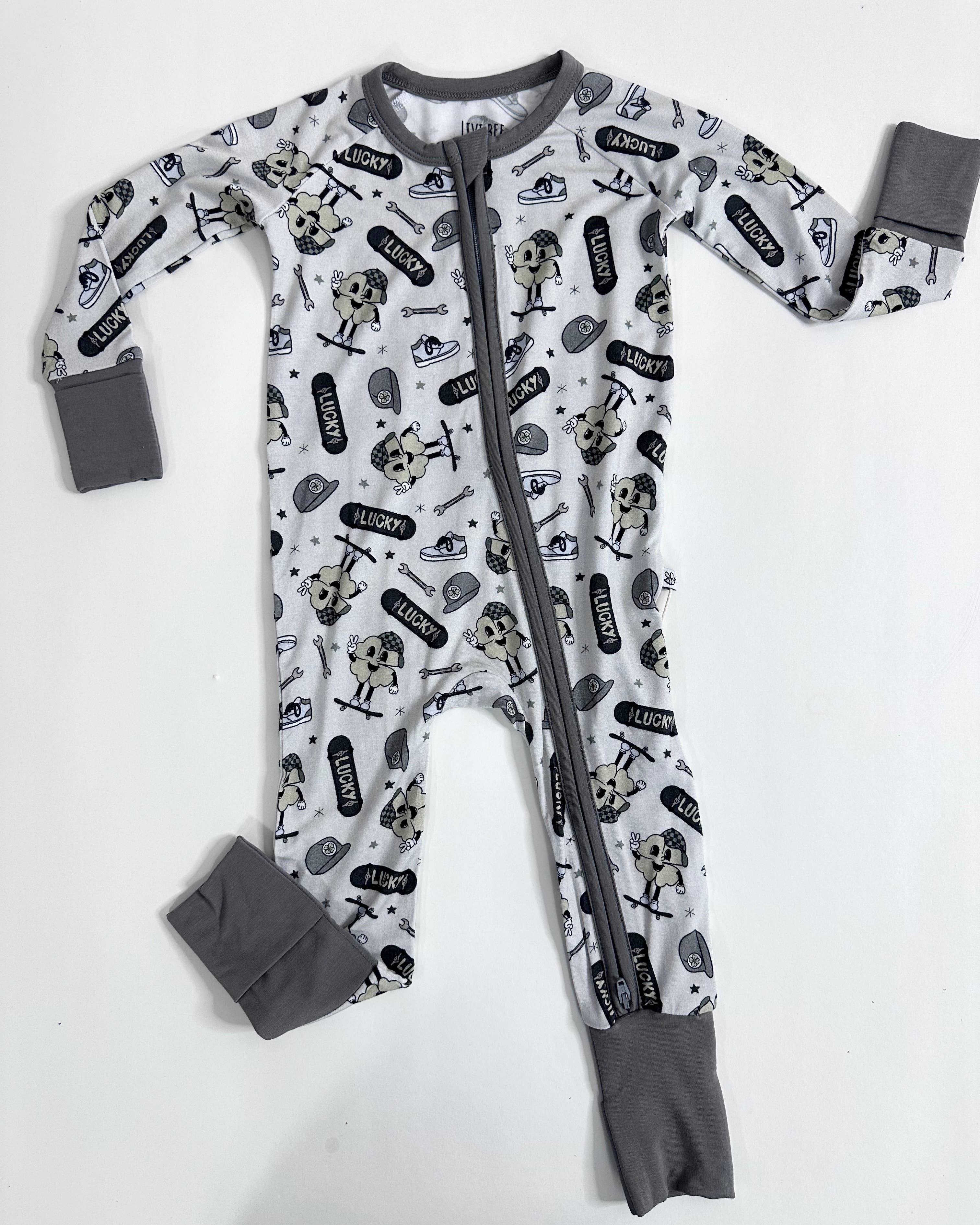 Lucky Dude Skateboard-2 Way Convertible Bamboo Zip Romper