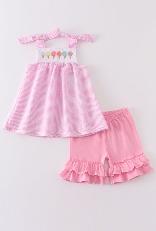 Pink Ice Cream French Knot Seersucker 2PC