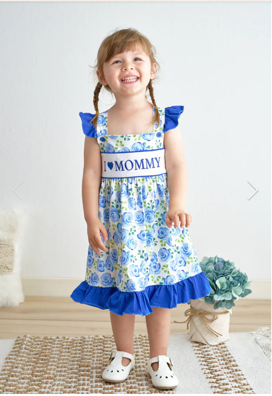 Blue Rose Print I Love Mommy Embroidery Dress