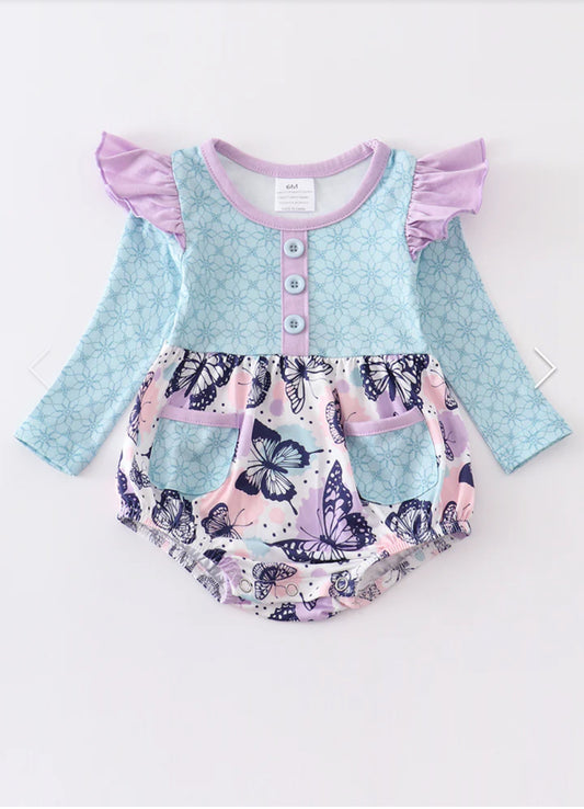 Blue Butterfly Print Ruffle Romper -Girl