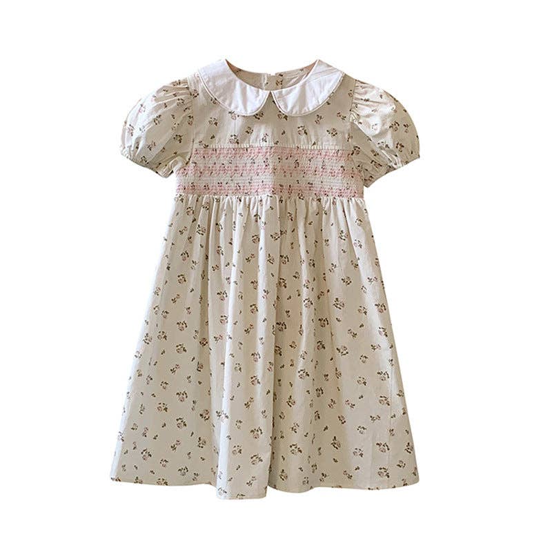 Floral Print Smocking Puff Sleeve Girls Dress