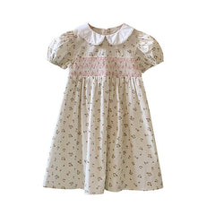 Floral Print Smocking Puff Sleeve Girls Dress
