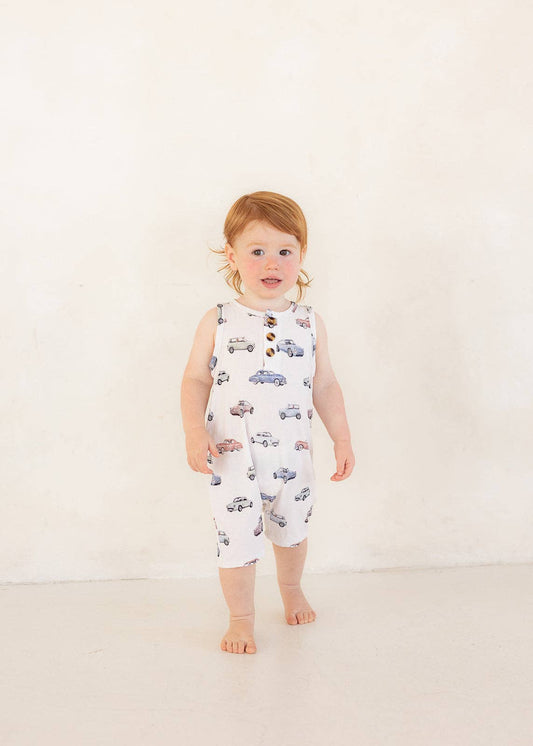 Vintage Cars (Ribbed) | Button Tank Romper Bamboo