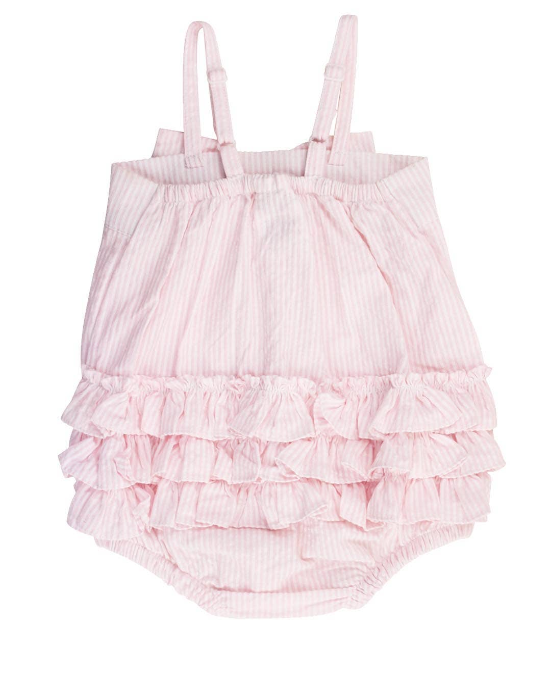Baby Girls Pink Seersucker Bow Front Bubble Woven Romper