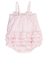 Baby Girls Pink Seersucker Bow Front Bubble Woven Romper