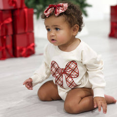 Christmas Plaid Bow Patch Long Sleeve Romper - Baby Clothing