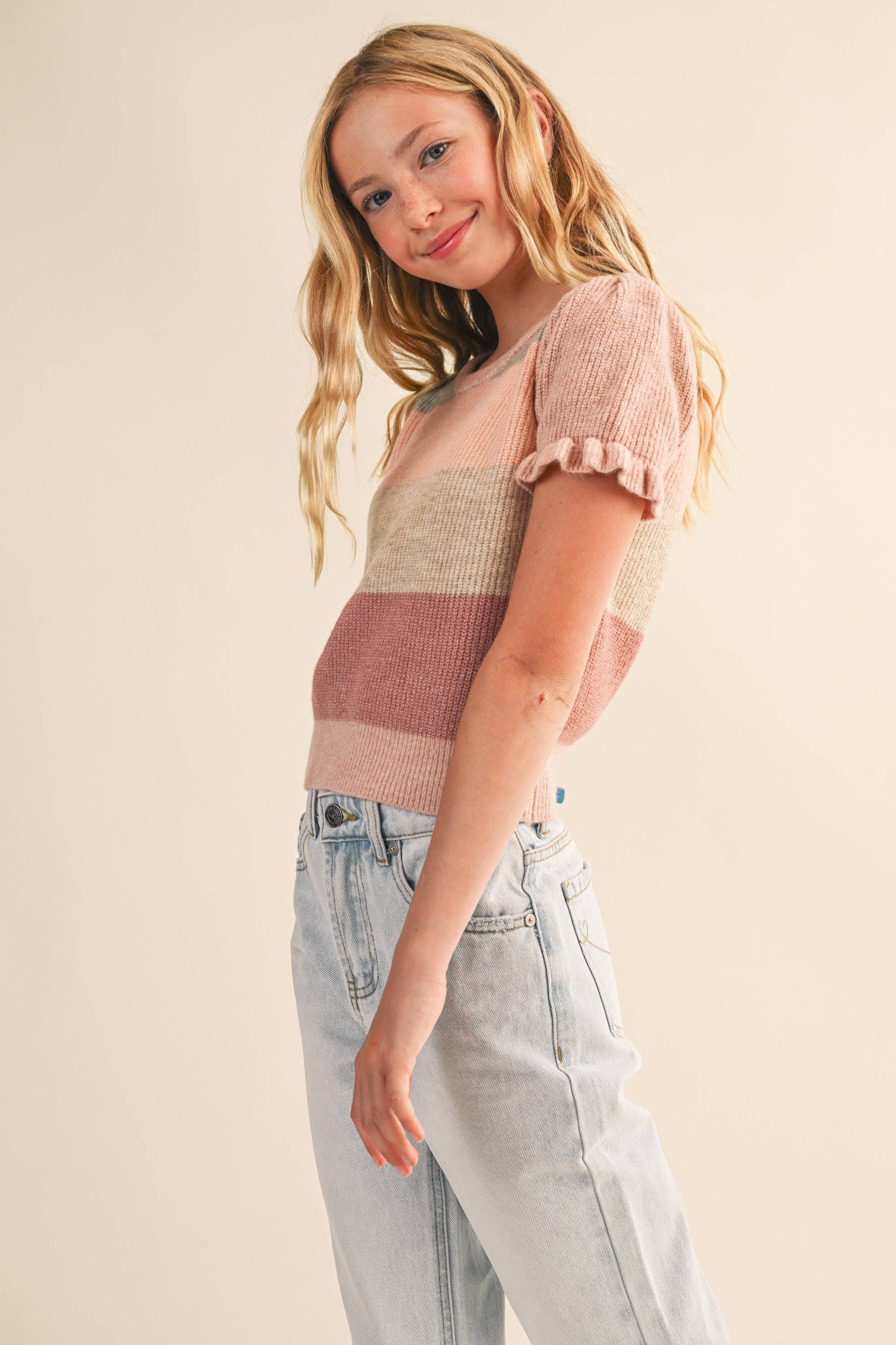 TWEEN KIDS GIRLS PUFF SLEEVE CROPPED SWEATER (7-14)