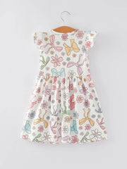 Easter Bow Floral Print Fly Sleeve Girls Dress