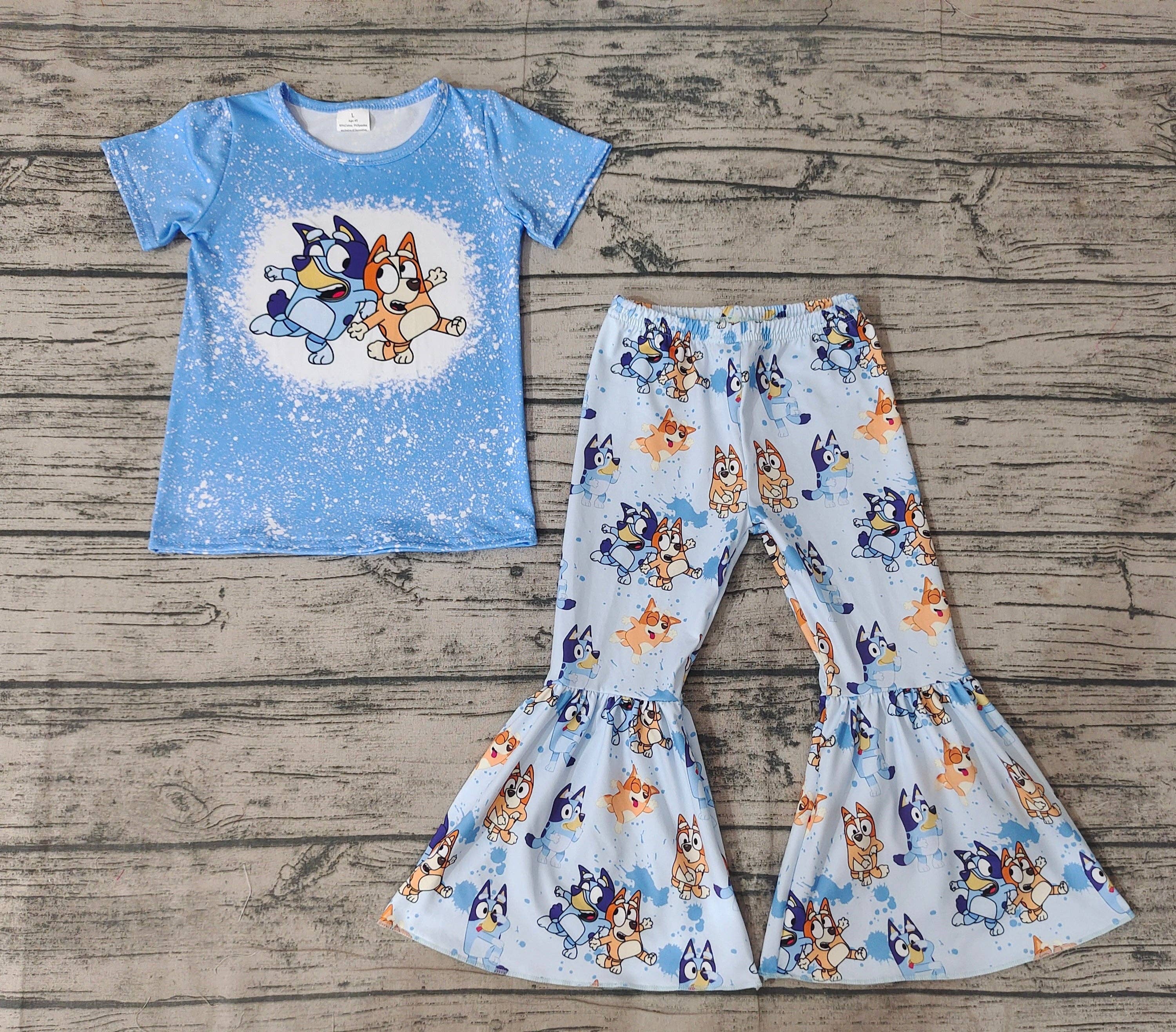 Girl Blue Dog Short Sleeve Shirt Top Flare Pants