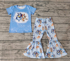 Girl Blue Dog Short Sleeve Shirt Top Flare Pants