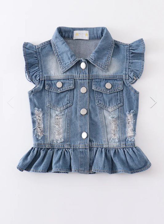 Blue Denim Vest Ruffle Sleeves Girl