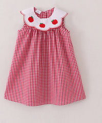 Red White Plaid Apple Embroidery Woven Dress