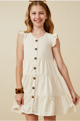 Girls Ruffled Button Tiered Dress Ivory