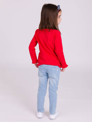 Girls Red Knit Long Sleeve Ruffle Sleeve Top