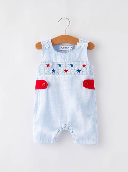 4th of july Boys' Smocking Star Embroidered Romper
