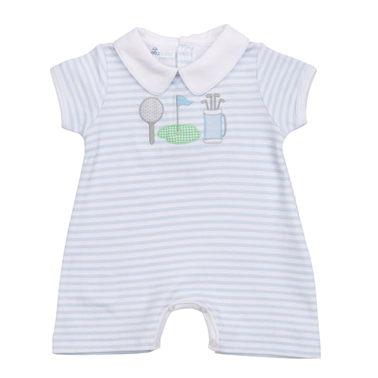 Putting Green Applique Collared Short Playsuit - Light Blue
