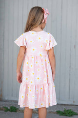 Girls Emma Pink Spring Daisy Flutter Sleeve Twirl Dress