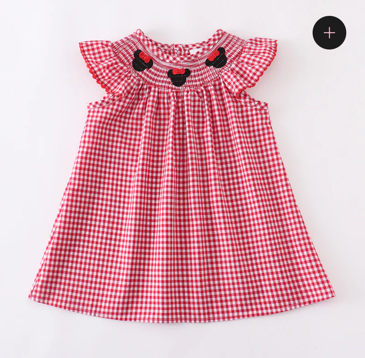 Girls Woven Gingham Minnie Embroidered Smock Dress