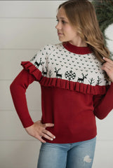 Dark Red/Burgundy Ruffle Christmas Sweater -Girl