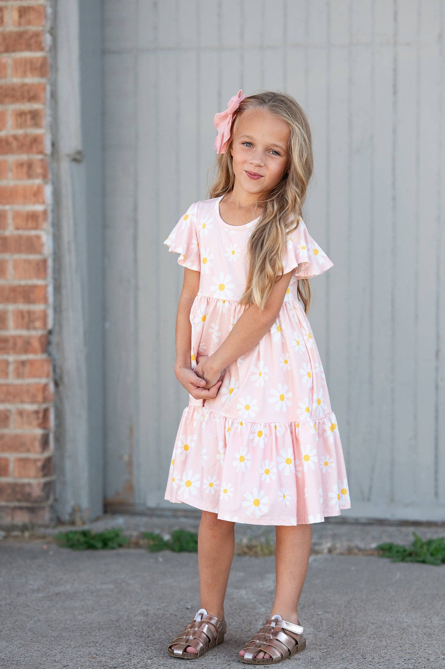 Girls Emma Pink Spring Daisy Flutter Sleeve Twirl Dress