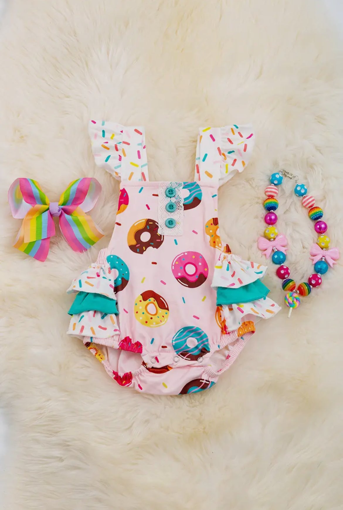 Adjustable Donut Print Romper with Ruffles Girl