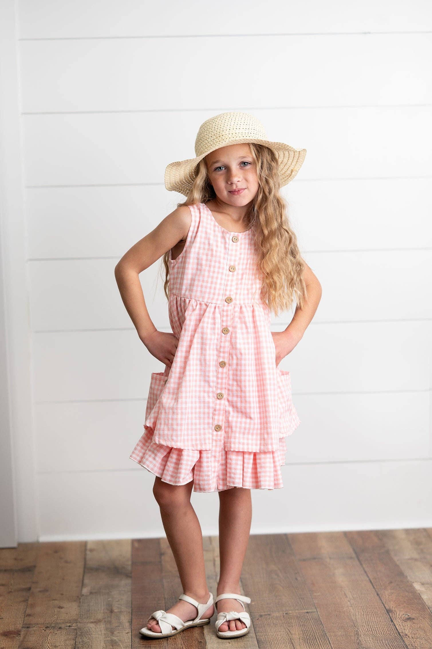 Girls Pink & White Gingham Check Pocket Ruffle Spring Dress