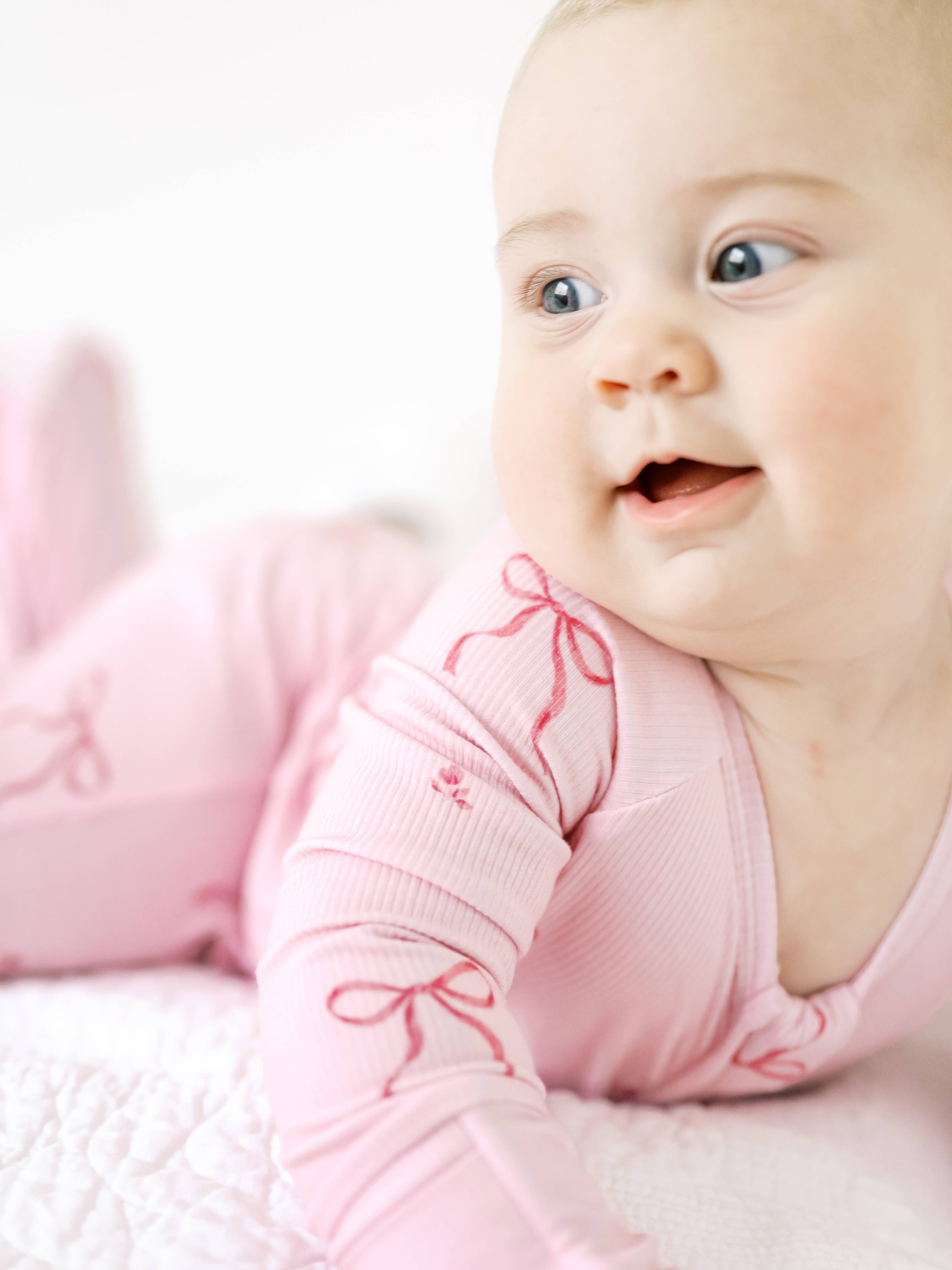 Ribbed Bamboo Convertible Romper in Pink Bows