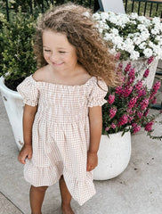 Smocked Tan Gingham Dress