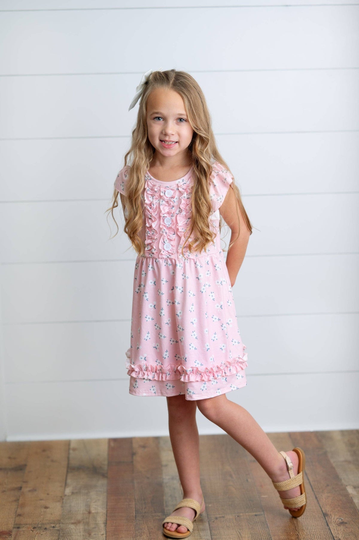 Kids Pink Blush Dainty Flower Button Ruffle Spring Dress