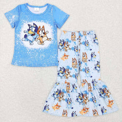 Girl Blue Dog Short Sleeve Shirt Top Flare Pants