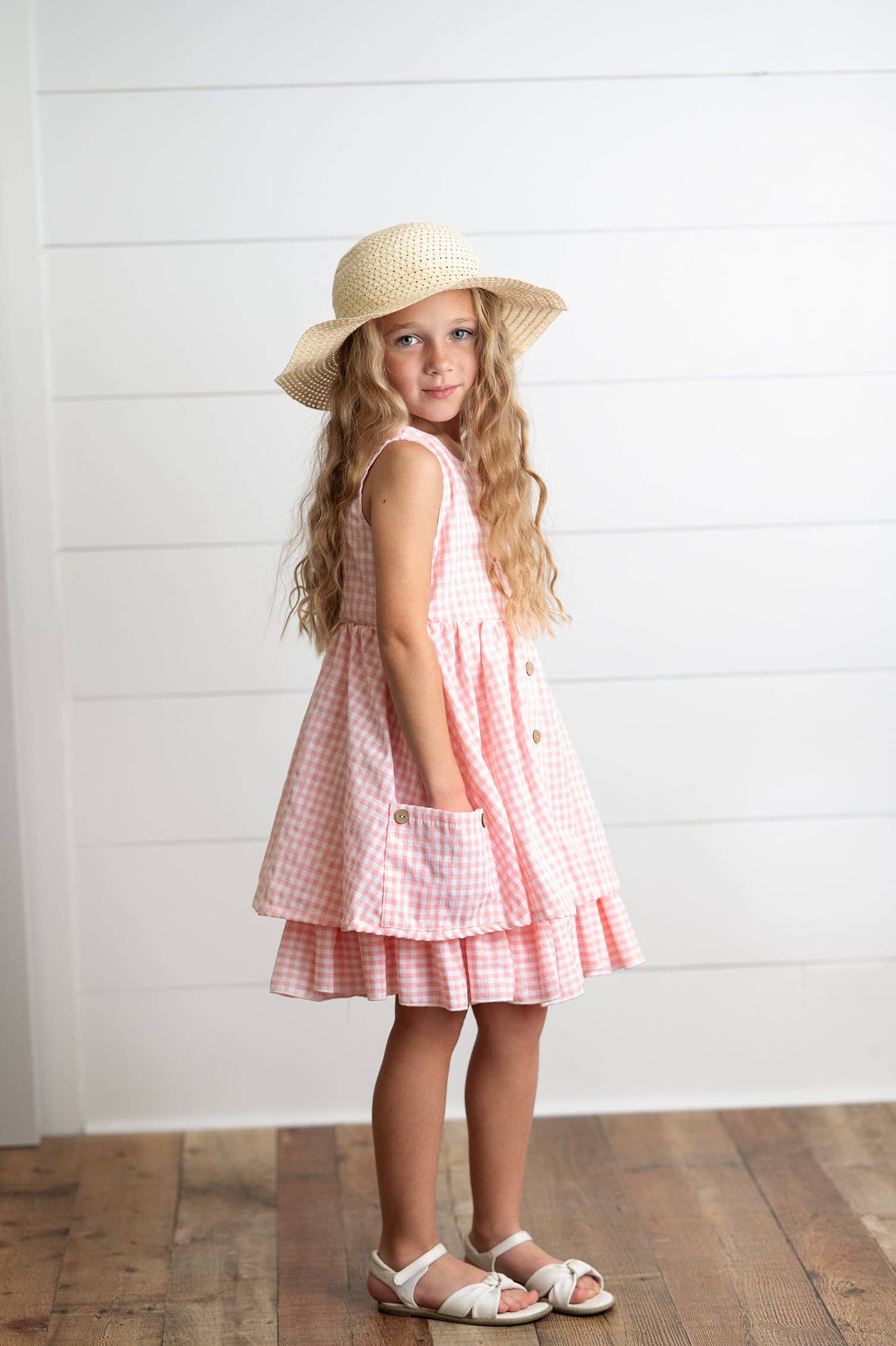 Girls Pink & White Gingham Check Pocket Ruffle Spring Dress