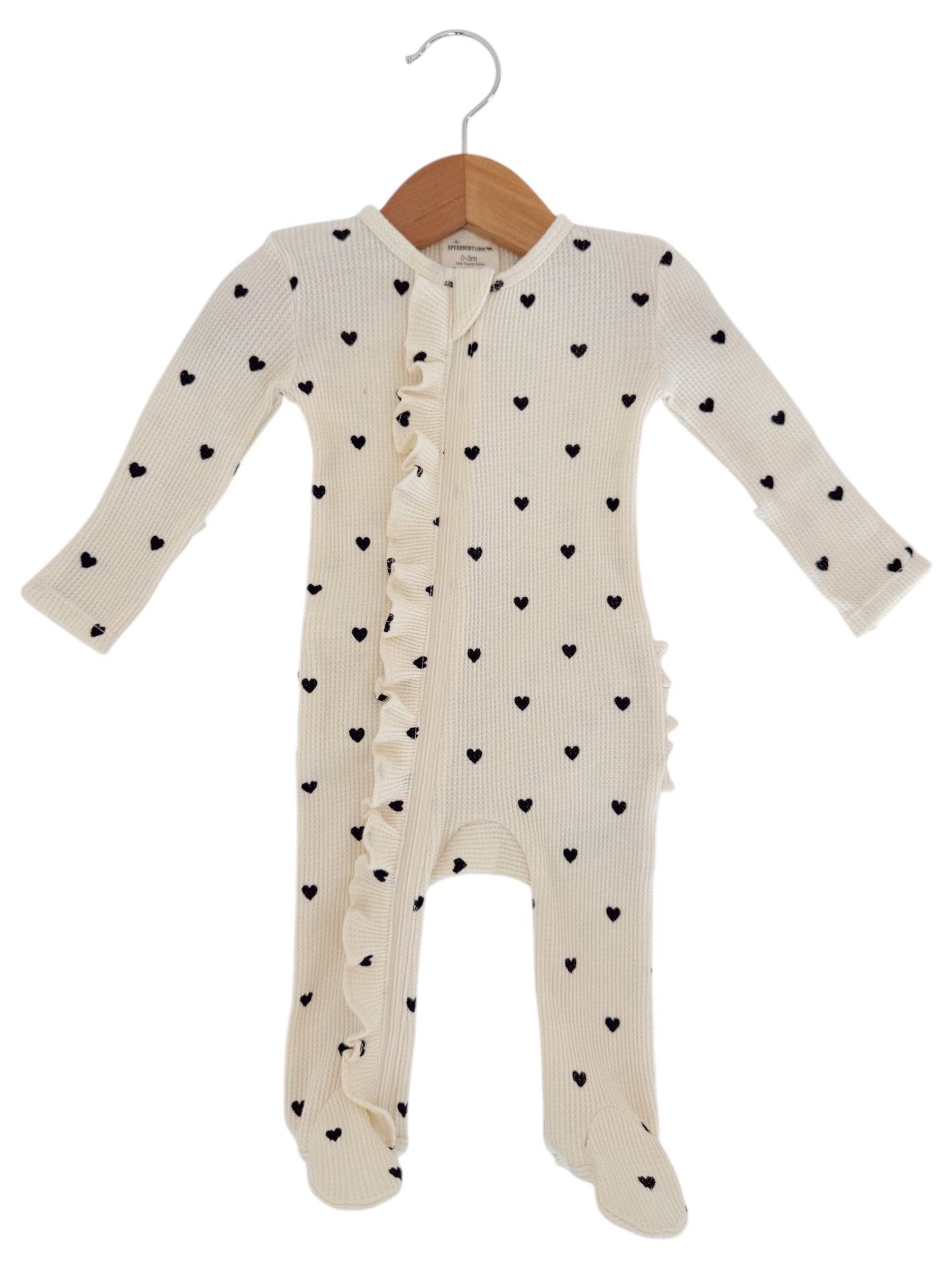 Organic Waffle 2-Way Zip Ruffle Footie, Black Heart