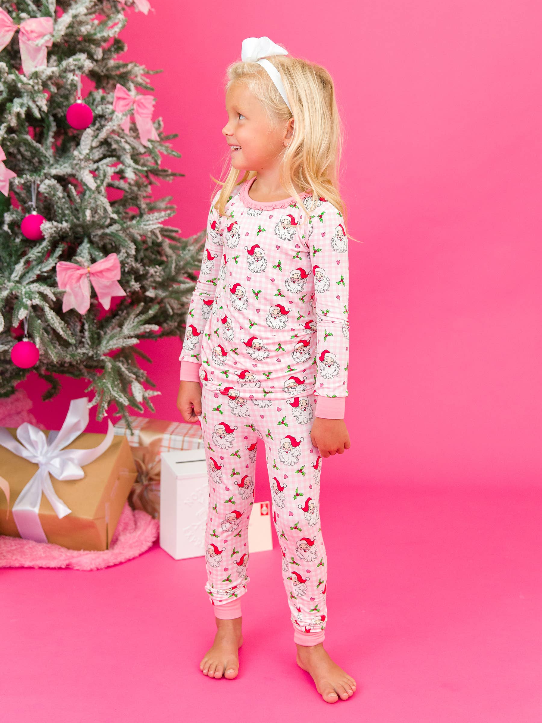 SoftSnooze™ Toddler Girls Bamboo Viscose Pink Dear Santa Ruffle Long Sleeve Pajama Set with Signature Rear Ruffles
